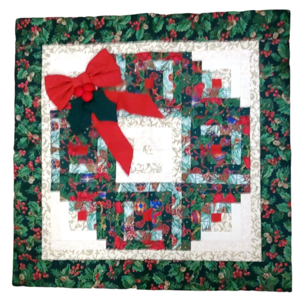 Handmade Quilted Wall Hanging Christmas Wreath With Bow 26" x 26" with Rod Slot
